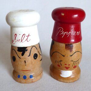 VINTAGE 2.5” JAPAN WOOD CHEF SALT AND PEPPER SHAKER SET